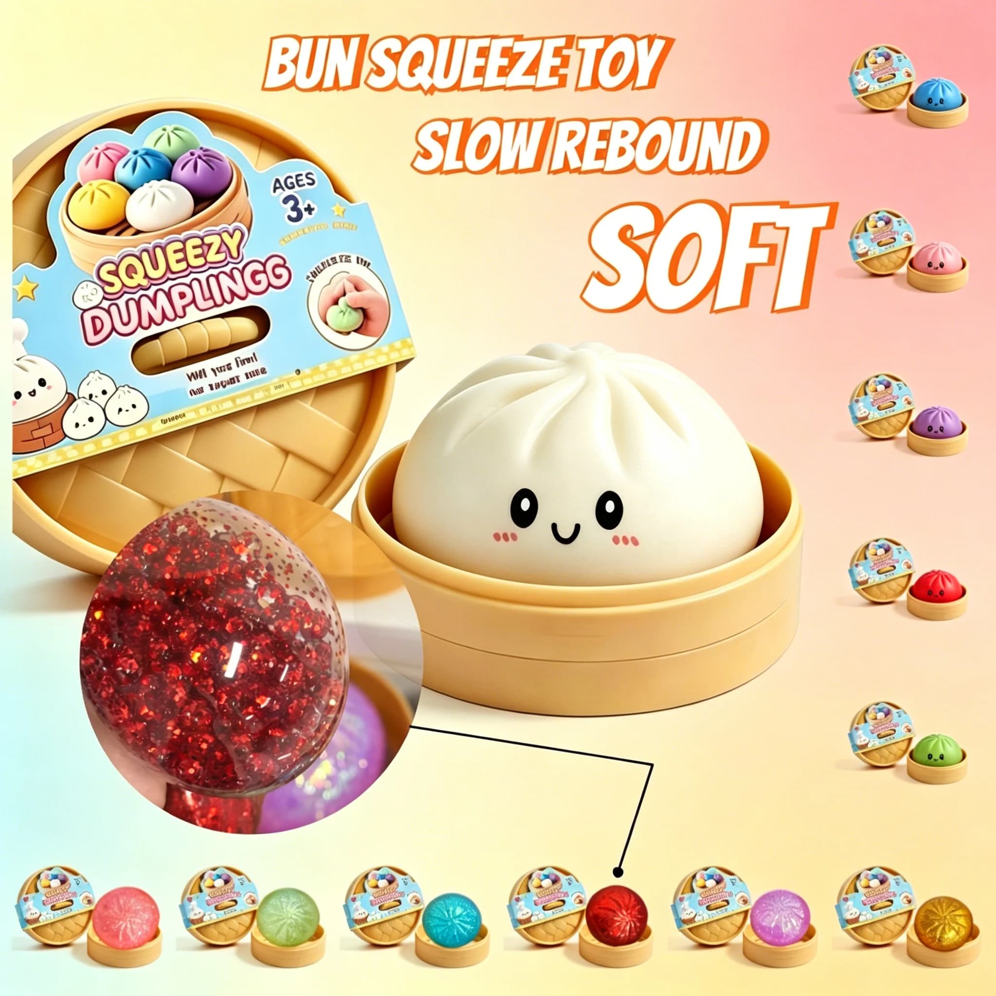 Squishies Buns Toy Dumpling Stress Balls - Soft Squeeze Dough Toys for Stress Relief Suitable for Kids & Adults