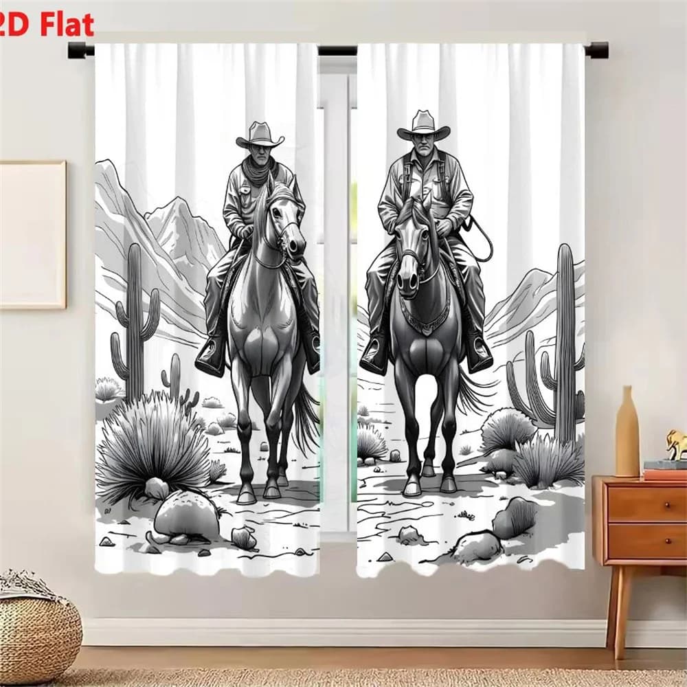 2Pcs Curtains Black And White Illustration Of Two Cowboys Riding Horses Through Desert Landscape With Cacti And Mountains Window