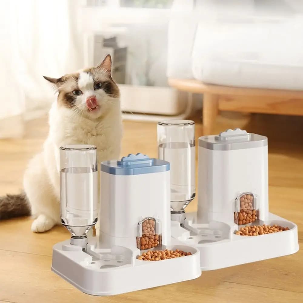 Dispenser per Cibo per Gatti 2 in 1 di Grande Capacità, Staccabile con Fontanella, Distributore Automatico d'Acqua per Gatti, Separazione Cibo Secco e Umido