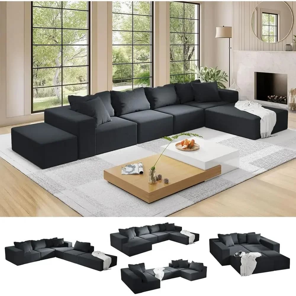 6-Seater Oversized Chenille Sectional Sofa with 6 Pillows, Deep Seat Cloud Couch, Black