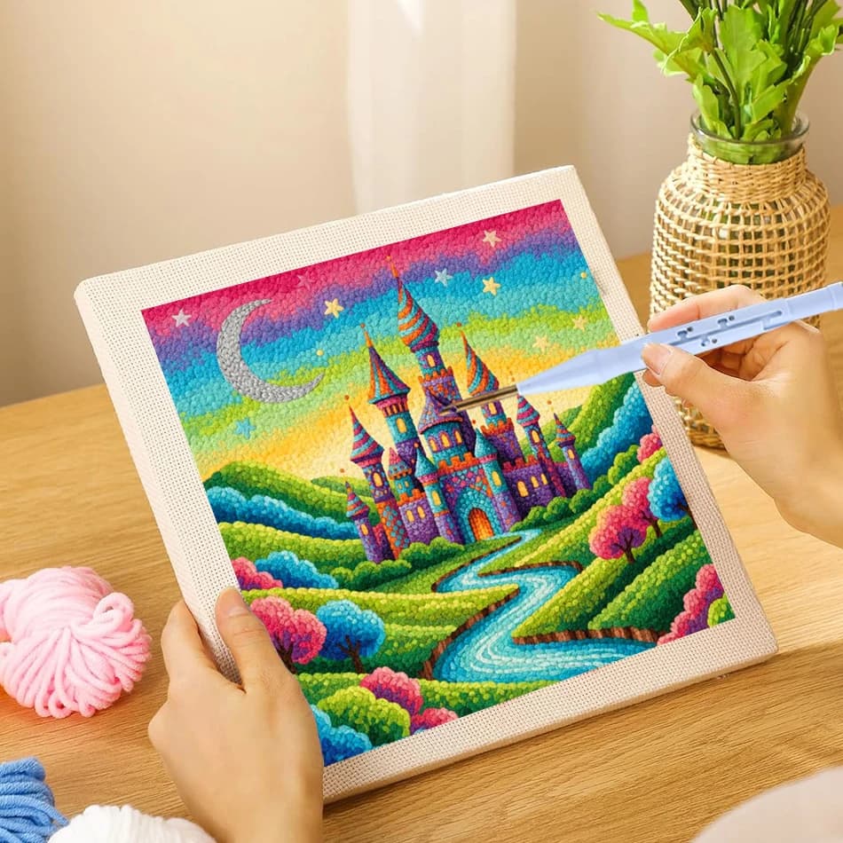 25x25cm Punch Needle Embroidery Starter Kits For Beginner Adult Fairy Castle Scenery Rug Hooking Set Needlework Cross Stitch Diy