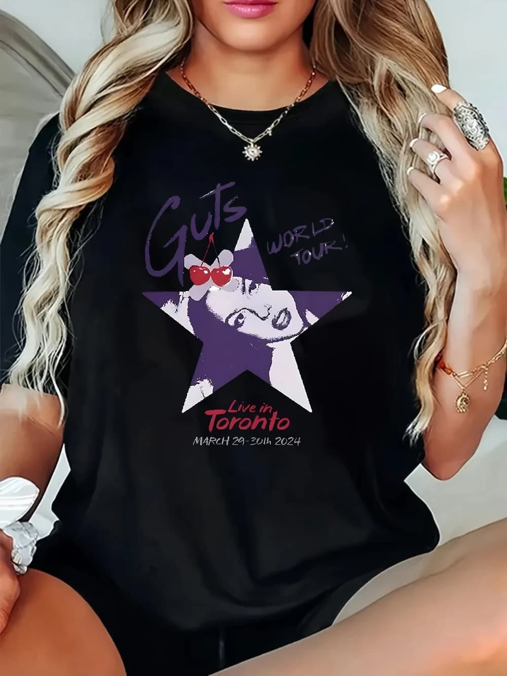 T-shirt da donna per il concertino Guts World Tour con stampa a stella e ciliegia, motivo "Guts World Tour", T-shirt casual primavera/estate ispirata alla cultura pop