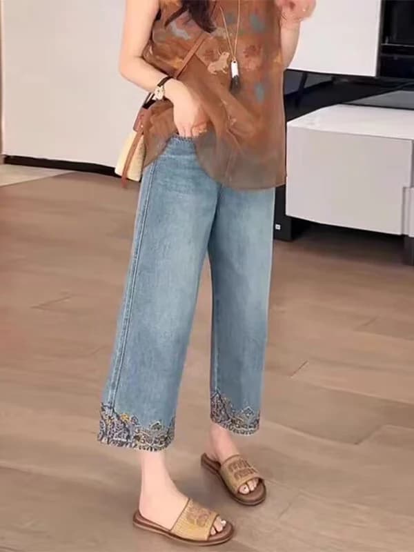 New Chinese Style High Waist Wide Leg Jeans Women's Spring Summer Autumn Straight Cut Knife Pants plus Size Slimming