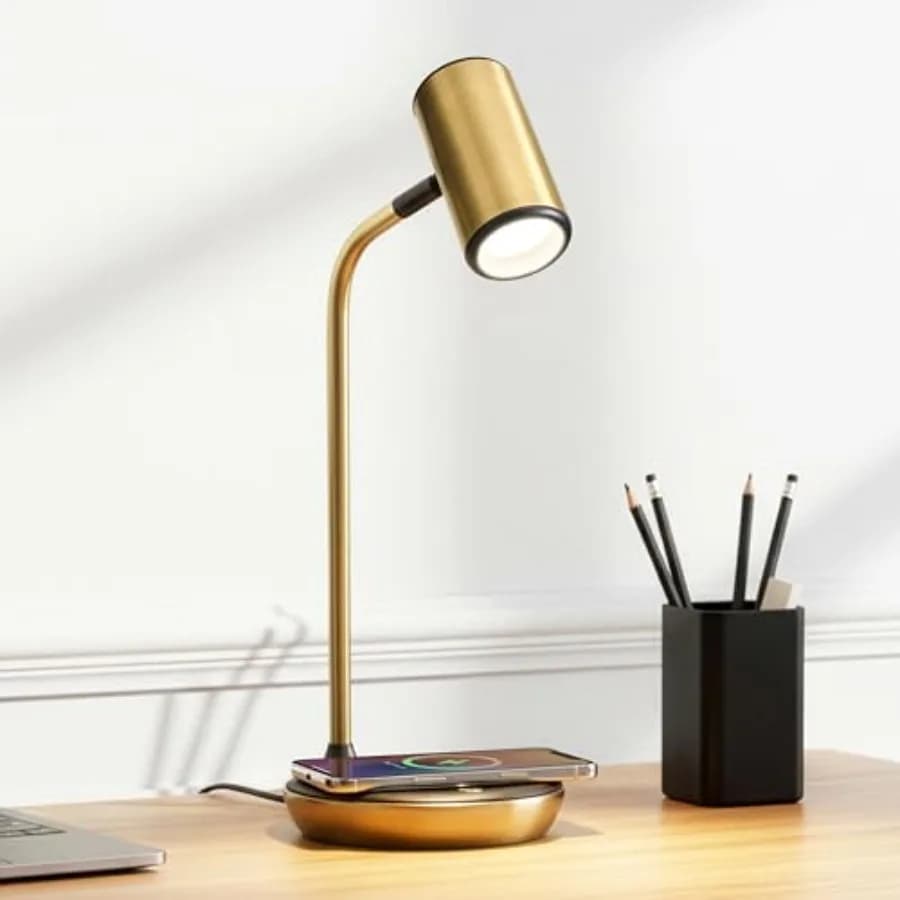Lampada da Scrivania Ezra con Base di Ricarica Wireless e Opzioni di Luce a Temperatura di Colore Variabile, Luce da Tavolo per Soggiorno o Studio