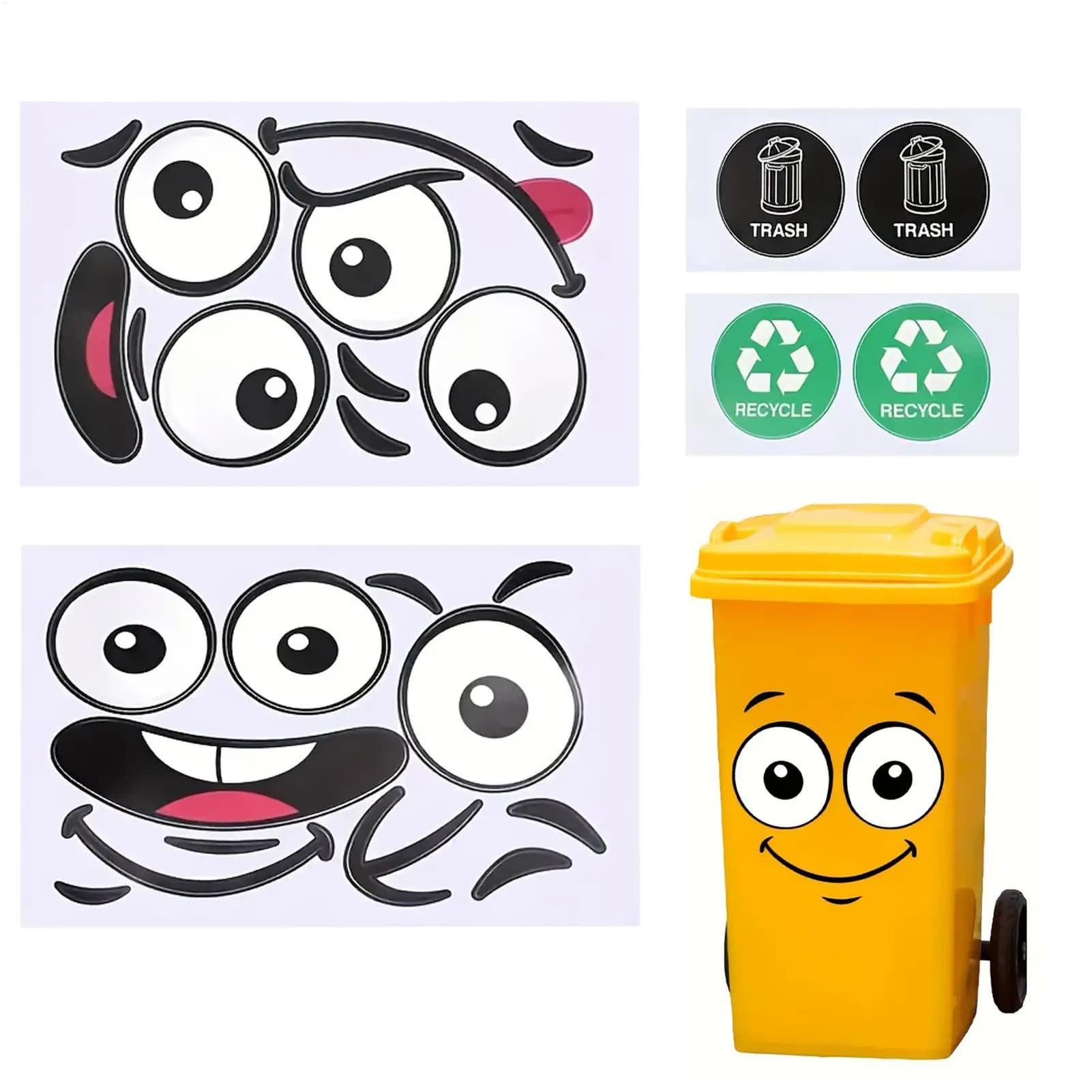 Adesivi per Pattumiera 8 Fogli con Espressioni Cartoon, Adesivi per Coperchio WC, Adesivi per Contenitori Frigo, Pareti, Interni, Esterni, Cucina, Secchielli