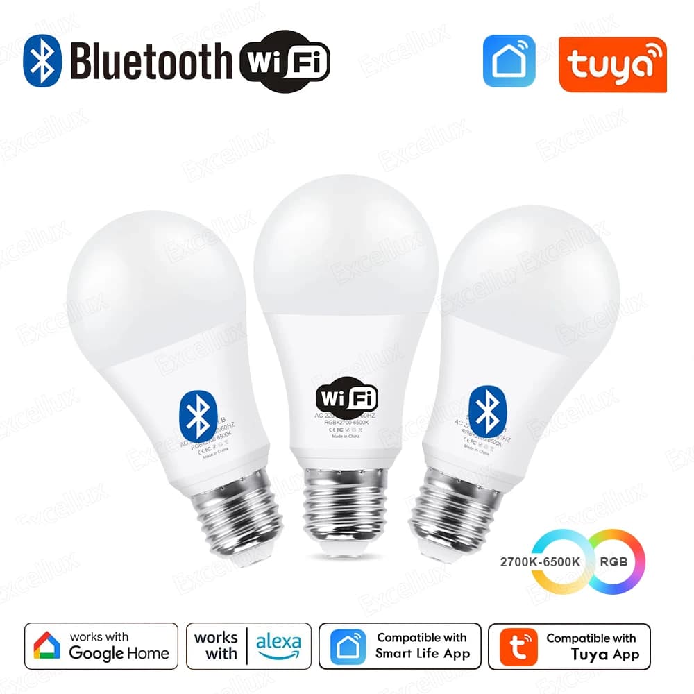 Tuya E27 Led Led Lamp Bluetooth/WiFi App Control Led 15W RGB CW WW Smart Lamp Works with Amazon Alexa Google Assistant