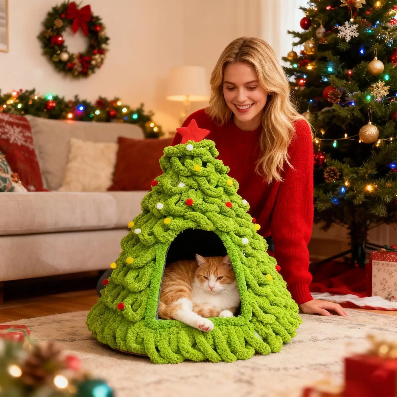 2027 Cat Nest Autumn and Winter Tree Design Knitted Tent Nest Thickened Warm Christmas Cat House Dog Nest Pet Nest