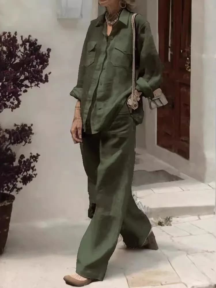 Women's Fashion Solid Cotton Linen Shirt 2-piece Set Long Sleeved Autumn Shirt Top Pockets Women's Casual Dresses