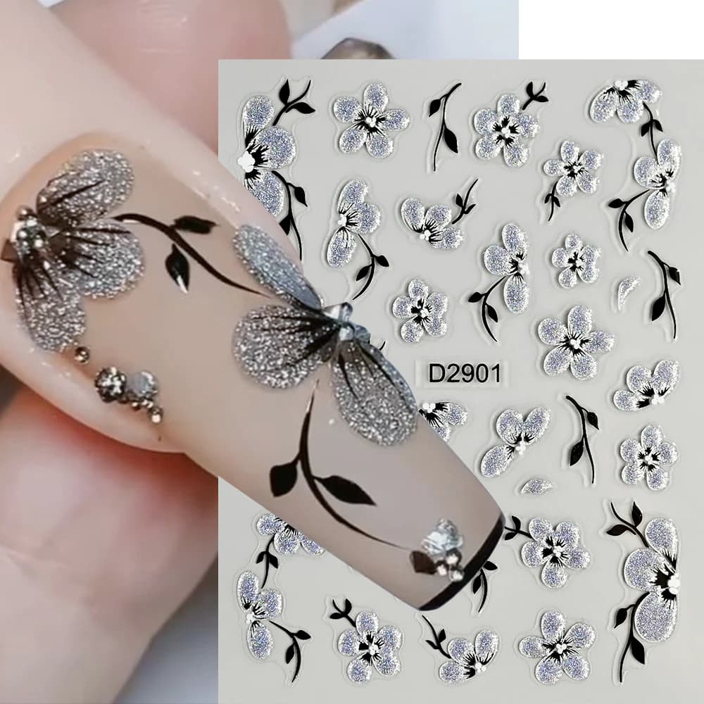 1 pz 5d nero glitter fiori nail art adesivo acquerello petali autoadesivi cursori in rilievo primavera floreale manicure decalcomanie * &