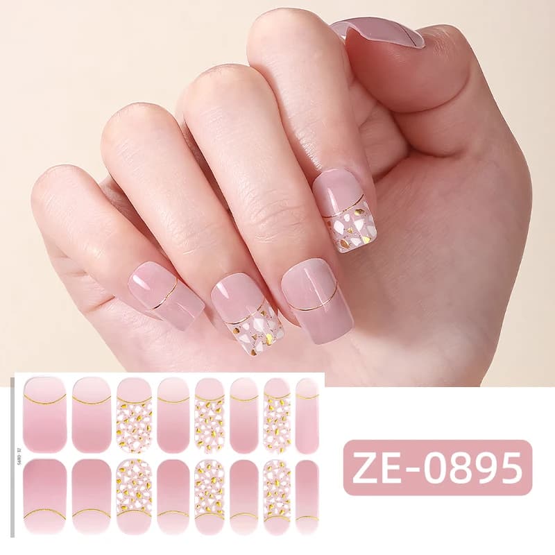 16Tips Pink Glitter Full Cover Nail Sticker Gradient Nail Polish Strips Long-Lasting Self Adhesive Manicure Art DIY Decoration