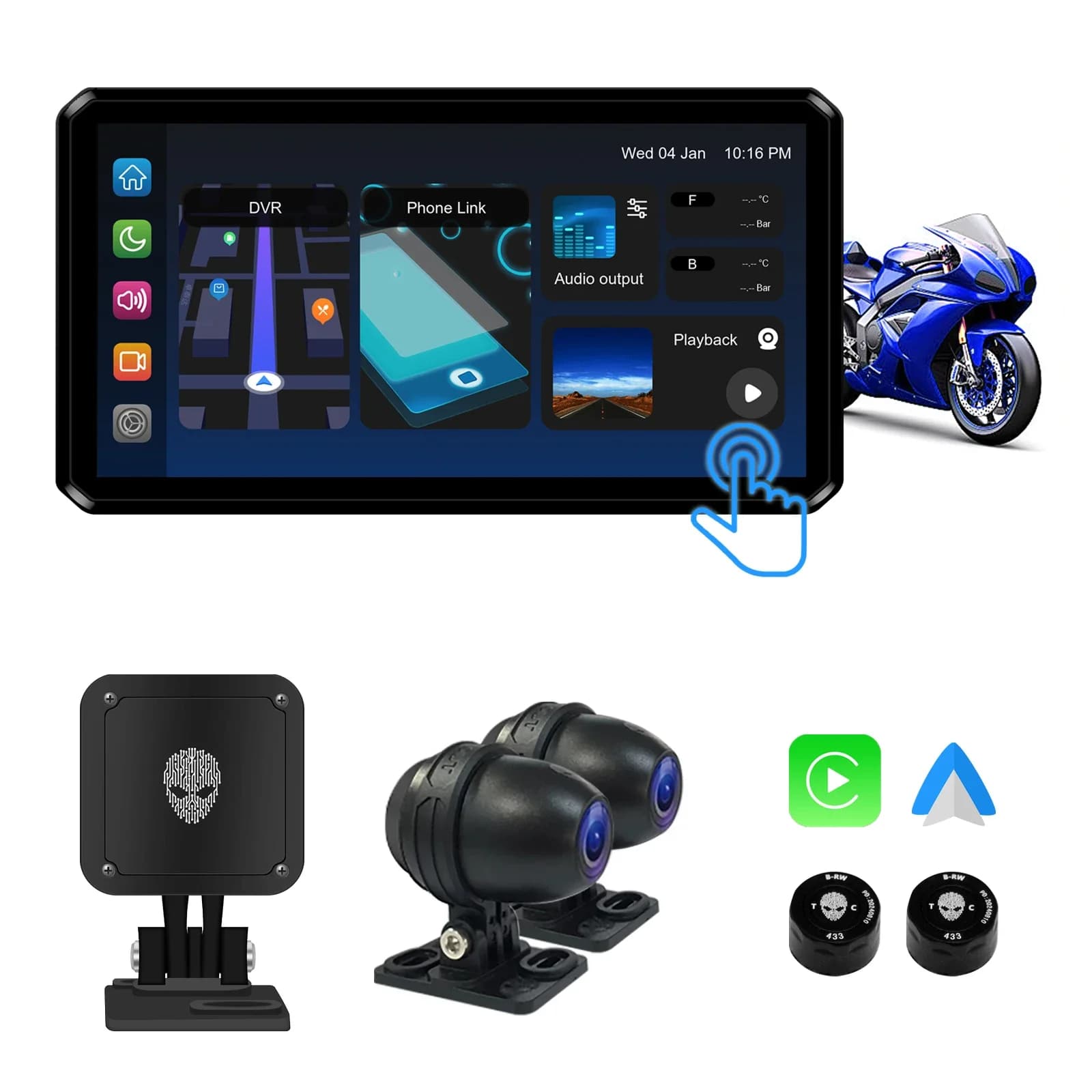 AlienRider M2 Pro Moto CarPlay Navigazione Android Auto Doppia Registrazione Dash Cam con Touch Screen da 6 Pollici Radar 77GHz BSD