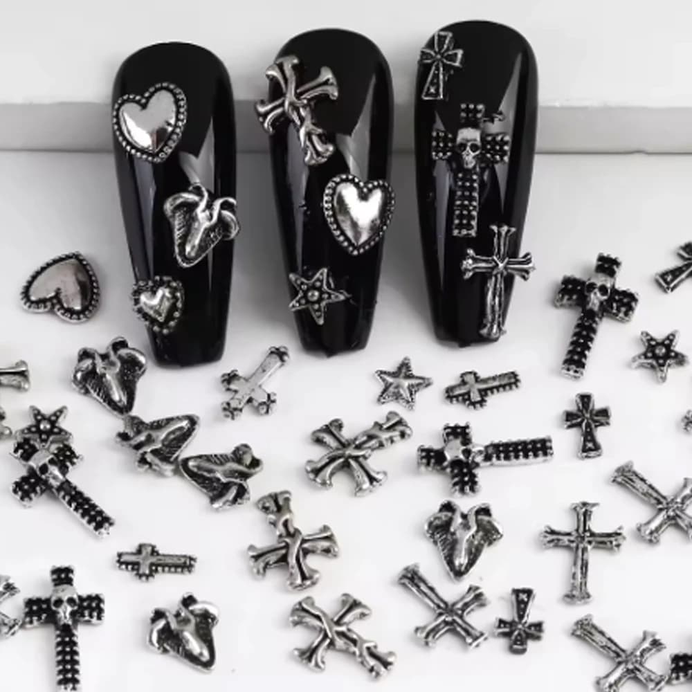 120 pcs / 1 box European-American dark vintage nail decorations, cross patches, heart-shaped metal decoration sets in premium Y2K style.