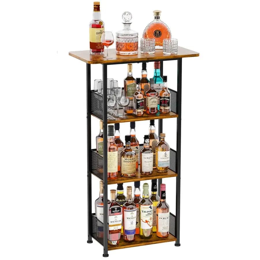 Portabottiglie da Terra a 4 Ripiani, Carrello Mini Bar per Whisky e Vino, Mobile Bar per Bottiglie, Shaker per Cocktail, Tazze 23.6