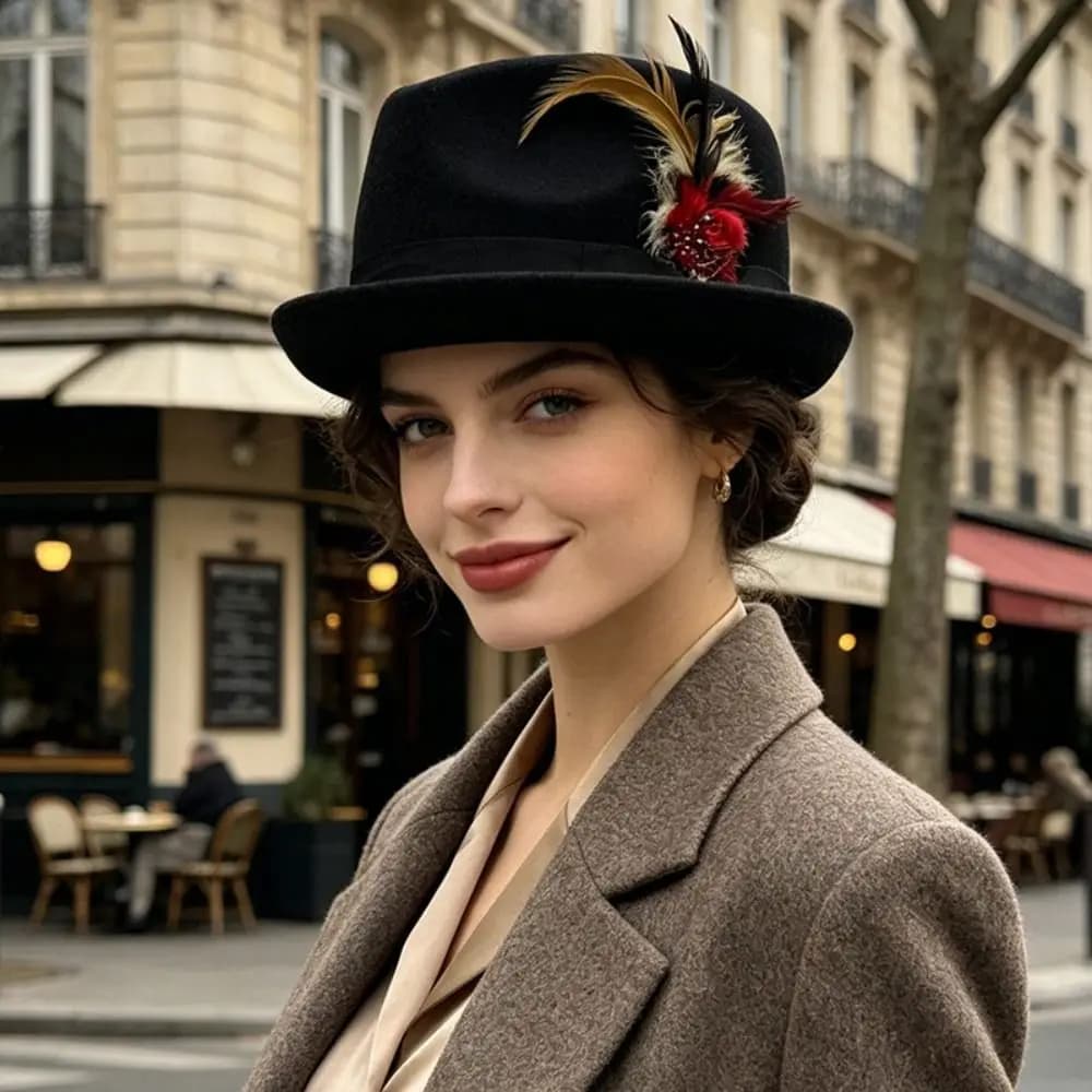 Casual Dress Up Feather Decors Hat Panama Fedora Hat Costume Cosplay Cap Woolen Jazz Jazz Hat Street Party