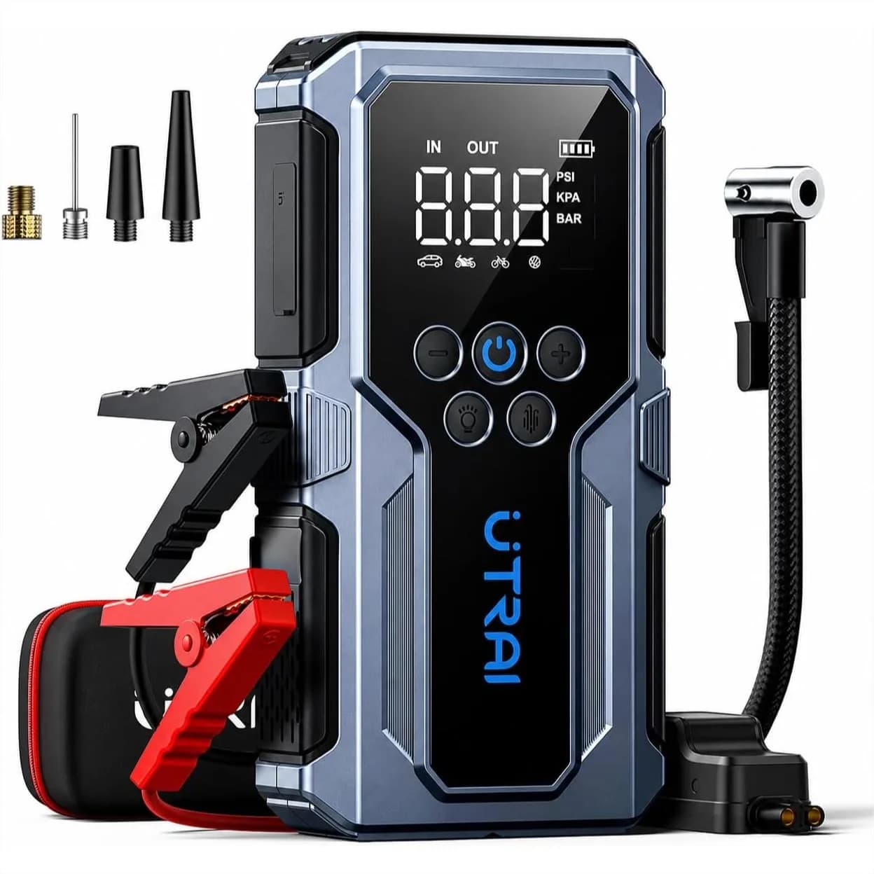 Avviatore di Emergenza 4000A con Compressore d'Aria 150PSI, Gonfiatore Pneumatici, Ricarica Rapida 18W, Luce di Emergenza per Motori a Benzina 8.5L e Diesel 6.5L