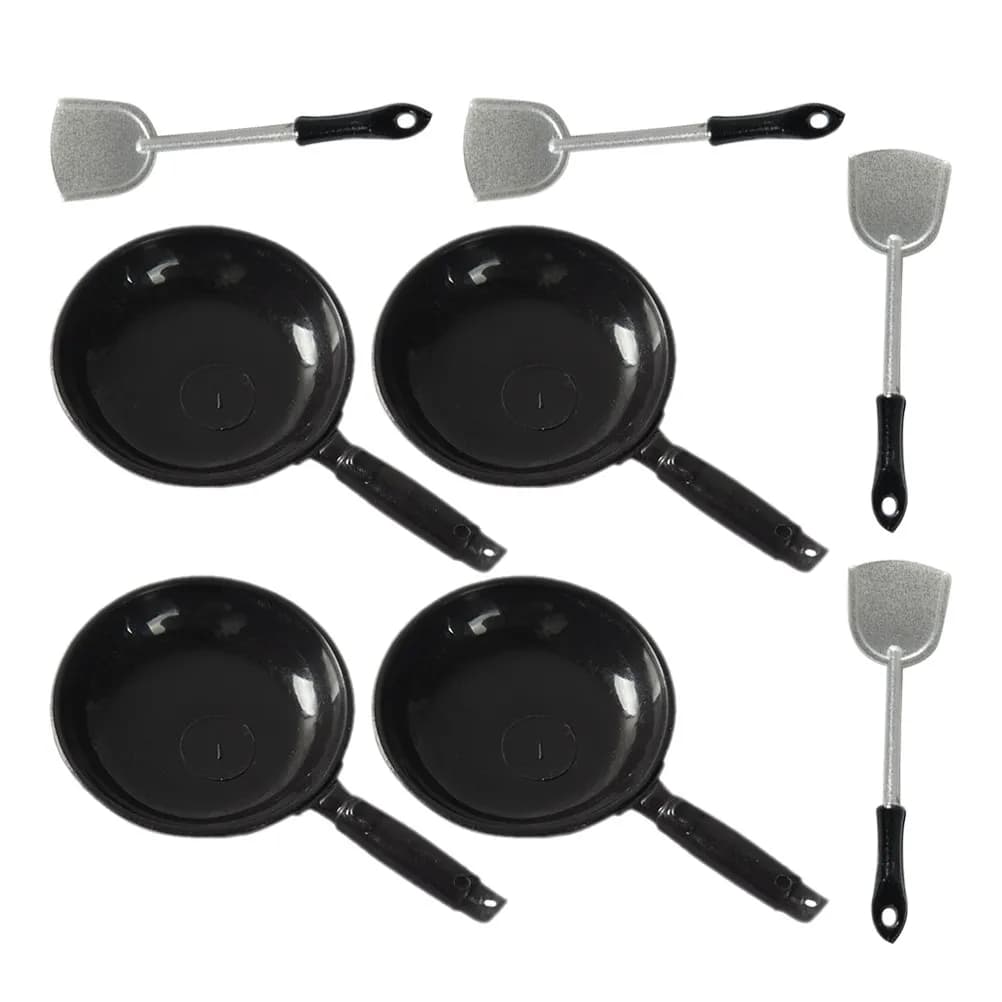 Set di 4 Mini Padelle e Spatole in Plastica, Accessori per Cucina in Miniatura, Decorazione per Casa delle Bambole, Oggetto di Scena Fotografico