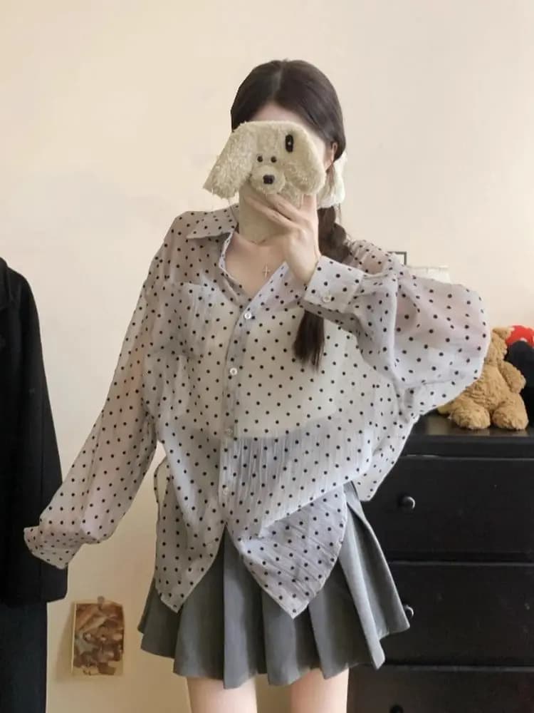 French Style Polka Dot Shirt Thin Women's Outerwear Summer Design Sensation Small Audience Sunscreen Long Sleeve Collar