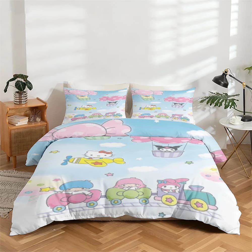 Digitally high-definition printed sheets set in 3 pieces, set with large floral print with animated pattern Hello Kitty Sanrio, includes 1 sheet with corners + 2 pillowcase, suitable for bedroom, guest room, home decorations, bed linen with polyester fibre corners + pillowcase, ultra soft bed linen, thick fabric, comfortable for all seasons, washing machine