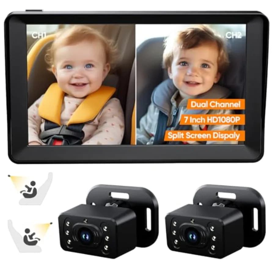 Baby Car Camera for 2 7 Inch HD1080P Split Screen Monitor, Dual Backseat Cameras, 150 Wide View 360 Rotatable, Night Vision, Ea
