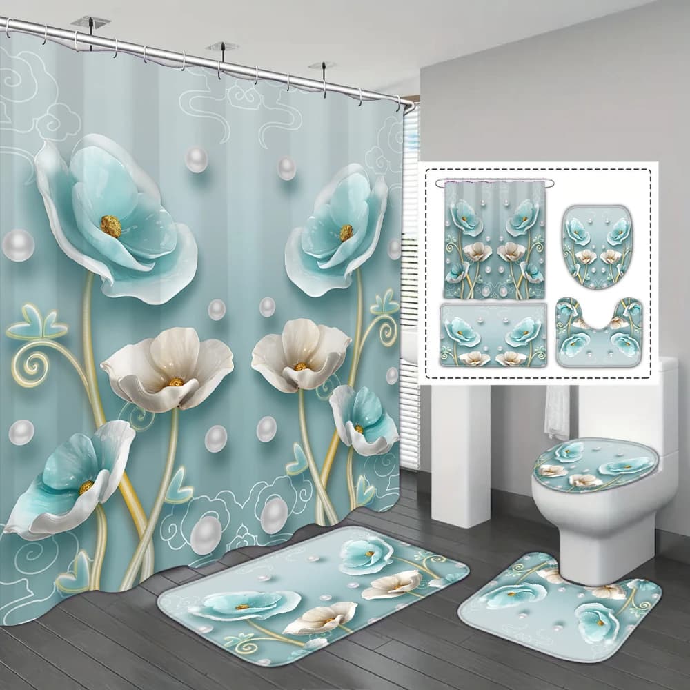 Set da 4 pezzi di tende da doccia stampate impermeabili con orchidea di giada bianca blu con 12 ganci, tappetini da bagno