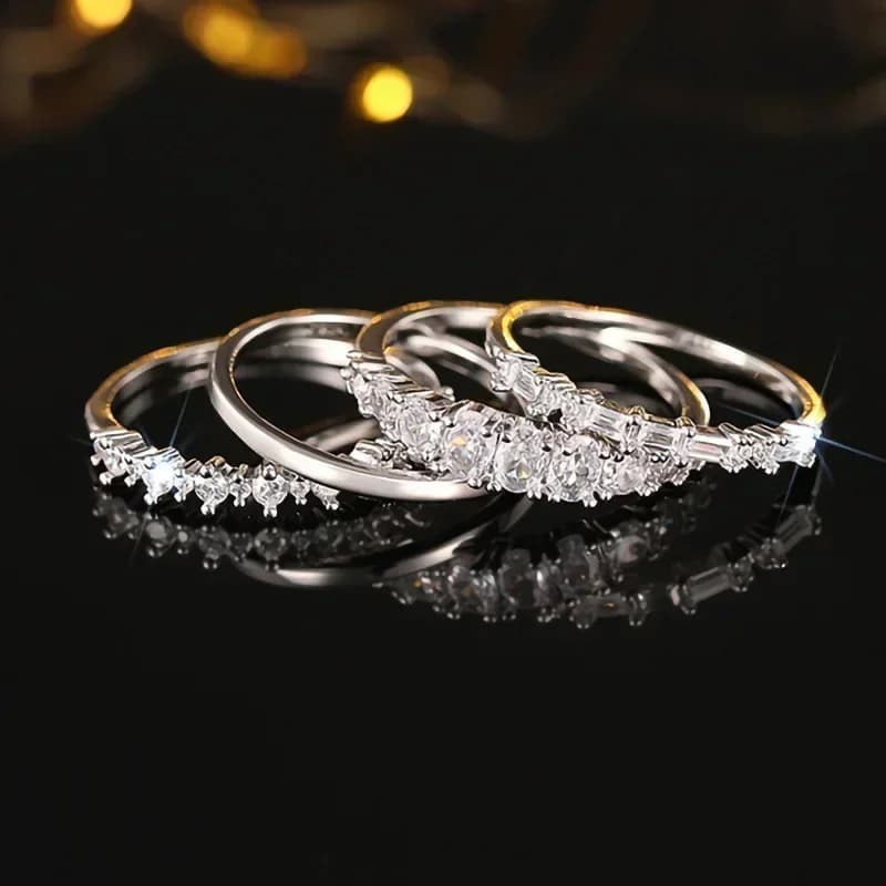 European and American Light Luxury High-end Geometric Ring Women's Shiny Fashion Ring Four Piece Set Engagement Wedding Jewelry