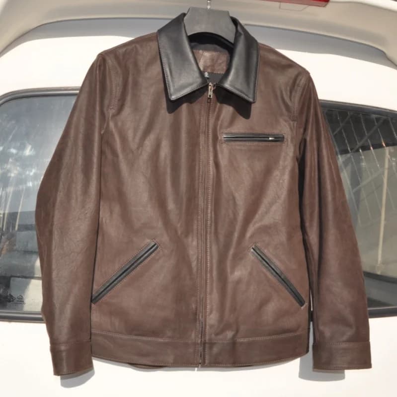 Top Layer Cowhide Men's Workwear Jacket Khaki Biker Style Windproof Long Sleeve Zipper Closure Pure Cotton A-Line Design