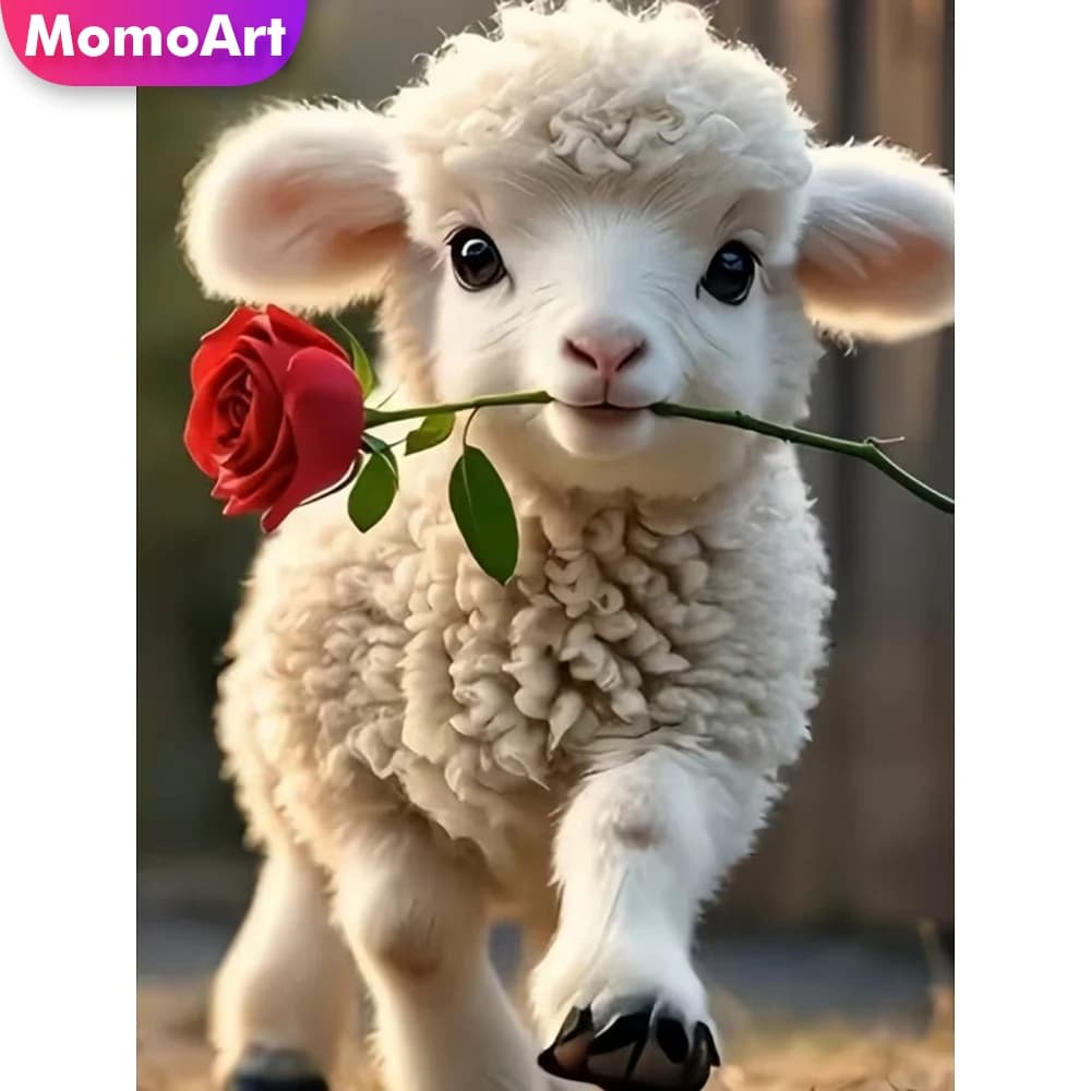 Momoart Kit Ricamo Diamantato Completo Quadrato e Rotondo, con Motivo Pecora e Fiore, Mosaico Diamantato Fai da Te, Punto Croce, Decorazione per la Casa