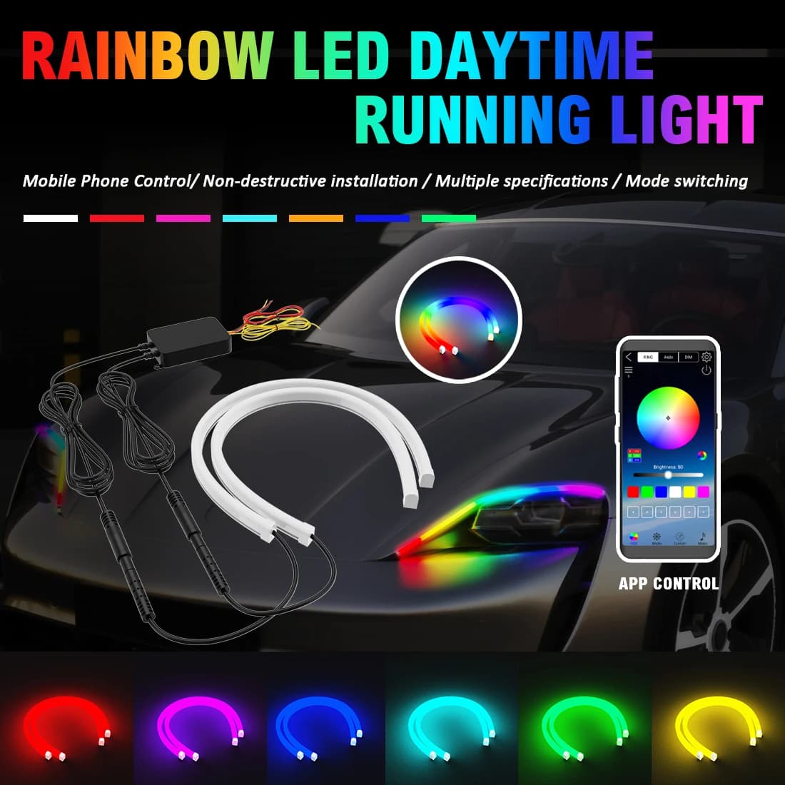2PCS DRL Auto LED Daylight Flexible RGB Control APP Slides Headlight 9-30V Decorative Lamp