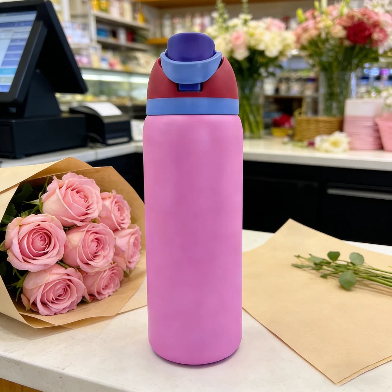 Borraccia termica Owalaa viola rosato da 32oz/945ml in acciaio inossidabile con cannuccia, per sport all'aperto, regalo perfetto