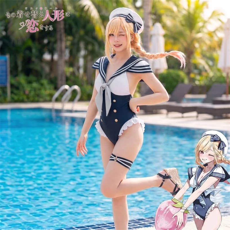 Anime My Dress-Up Darling Marin Kitagawa Cosplay Swimsuit Sailor Navy Bodysuit Full Set Hat Costume Halloween Carnival Outfit