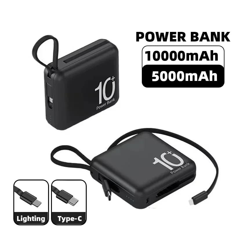 5000mAh/10000mAh Power Bank Large Capacity External Battery Built-in Type-C Cable Portable Lanyard Powerbank For IPhone Samsung