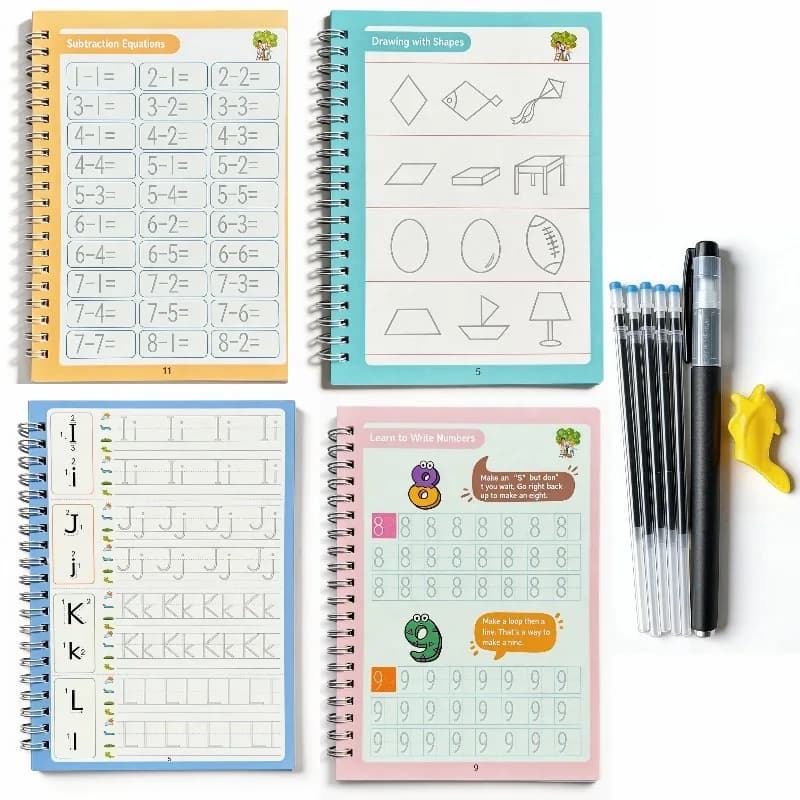 4 English Calligraphy Practice Sets, Writing Groove Book, Alphanumeric Practice Book, Letter Writing Activity Practice Book