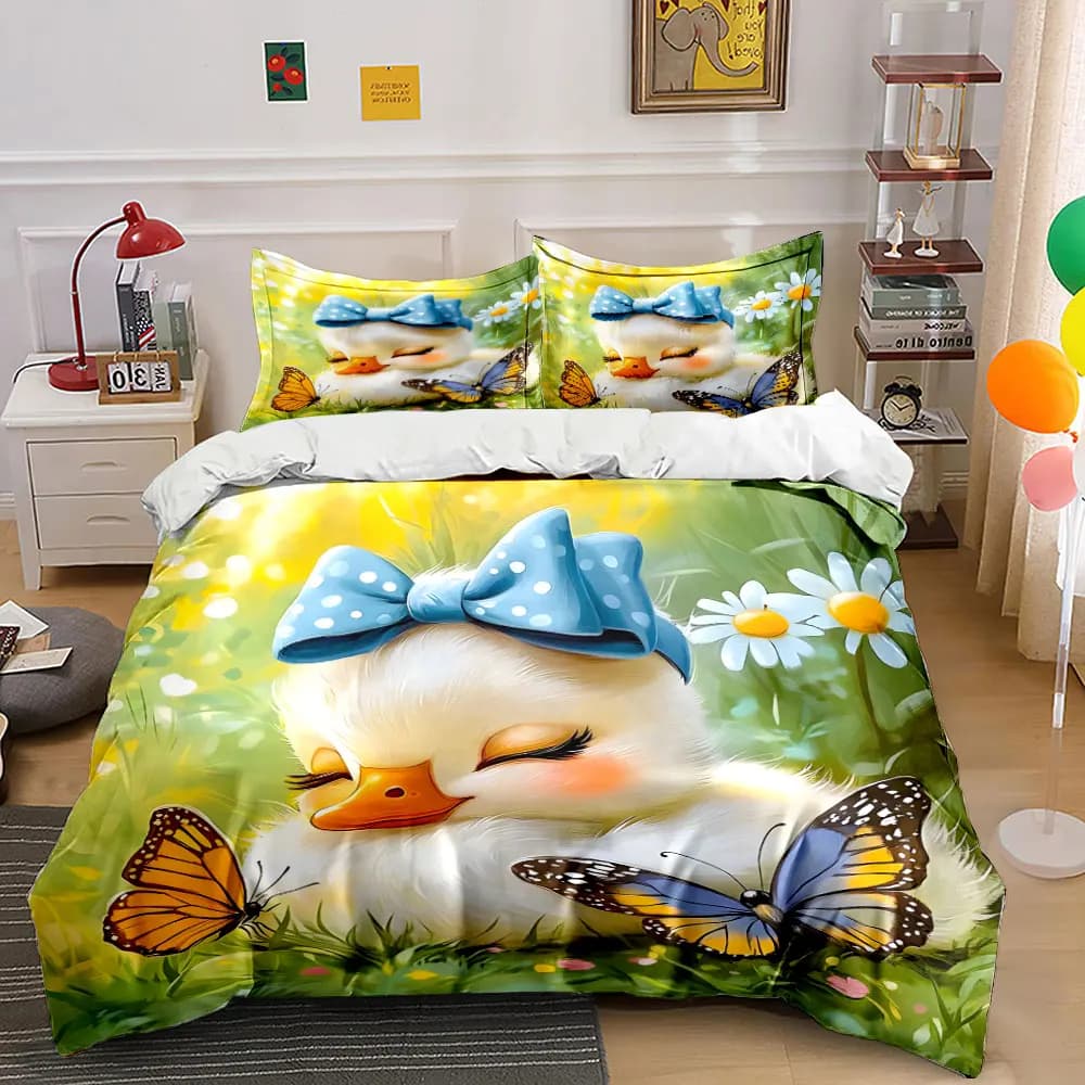 Set di biancheria da letto con stampa di anatroccoli, farfalle e sfondo floreale, morbido e confortevole, include 1 copripiumino e 2 federe.