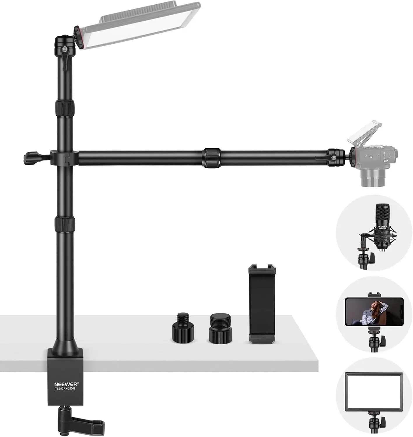 Treppiede da Tavolo TL253A+DS001 con 2 Bracci Telescopici, Supporto per Telefono, Teste a Sfera, Adattatore a Vite, Supporto per Luce da Tavolo
