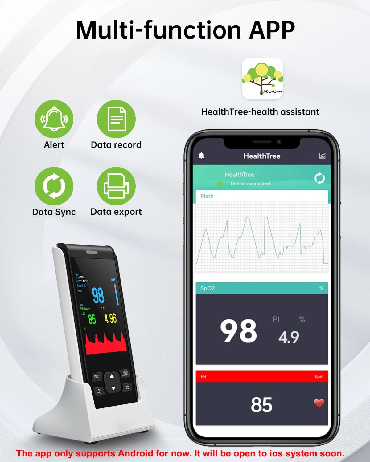 Rechargeable Handheld Pulse Oximeter Blood Oxygen Heart Rate Monitor Bluetooth APP for Adult Children Newborns Night Alarm