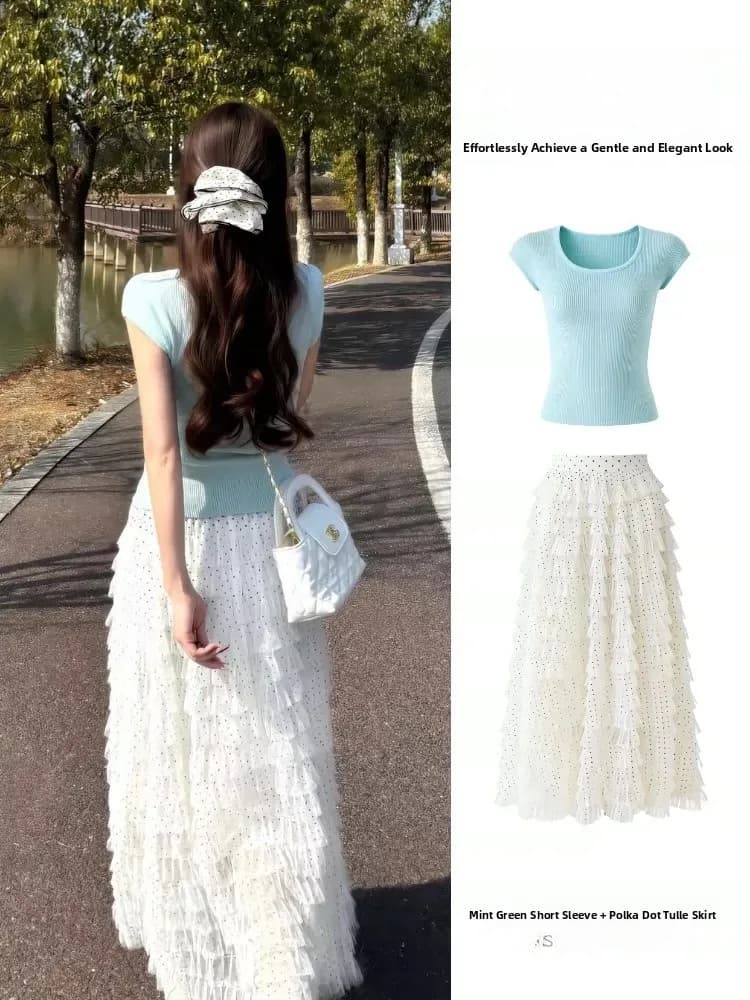 Spring Summer Polka Dot Half Skirt Women's Style Beautiful Island Sea Breathable Lace Trim High Waist Polyester Fabric Set