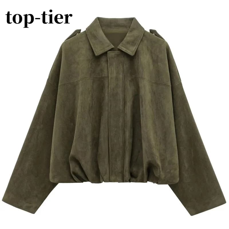Giacca Bomber da Donna 2026 con Risvolto, Maniche Lunghe e Cerniera, in Pelle Scamosciata, Nuova Collezione High Street, Giacche Racing Corte, Cappotti e Capispalla