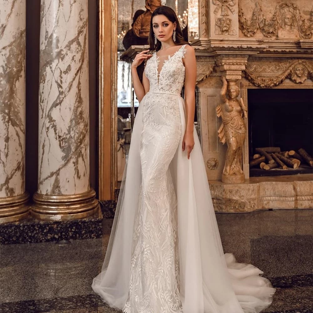 Abito da sposa vintage a sirena personalizzato con strascico staccabile profondo scollo a V applique in pizzo perline abito da sposa Vestido De Noiva YMW67