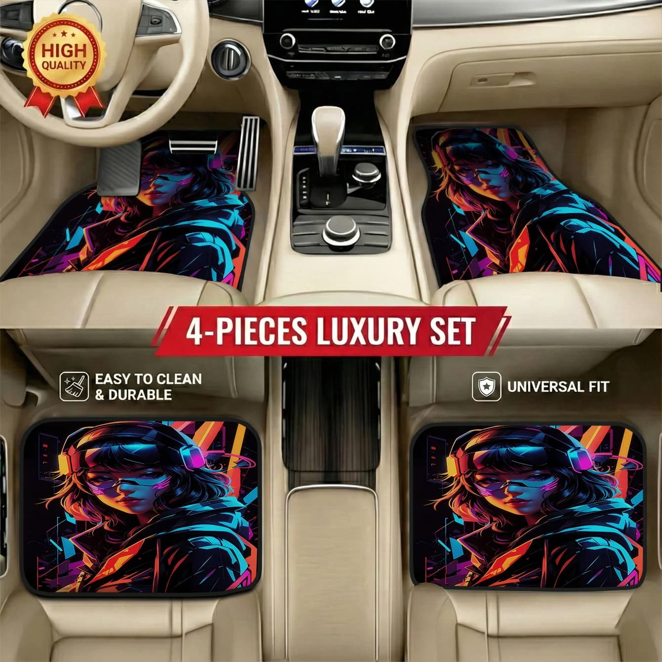 4 car mats with women print | Adaptable to most cars, easy to clean, durable polyester interior protection
