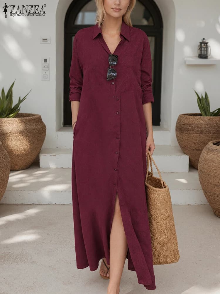 2025 ZANZEA Dress shirt autumn woman bay neck long sleeve maxi dress summer elegant office work long dresses solid
