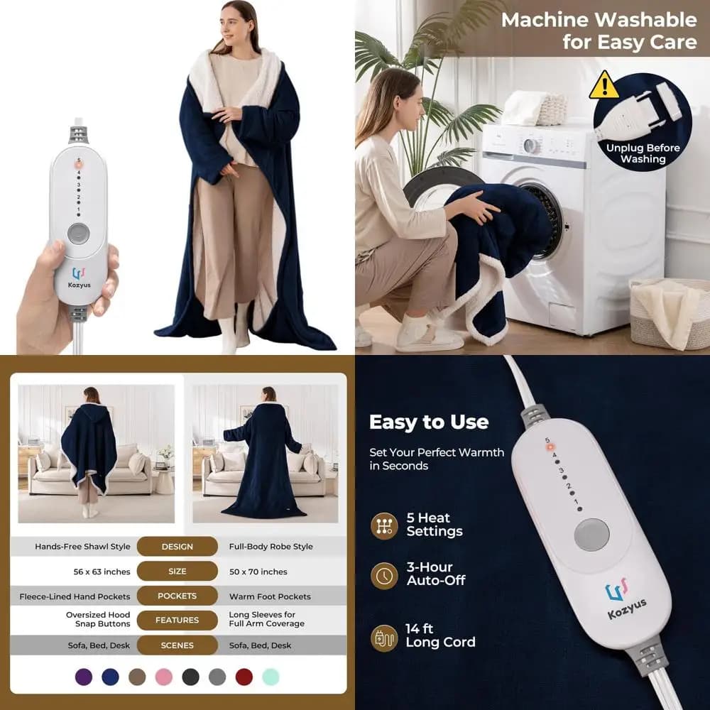 Coperta riscaldata elettrica con tasche per piedi e maniche, 5 impostazioni, spegnimento automatico, lavabile, certificata ETL, 50x70