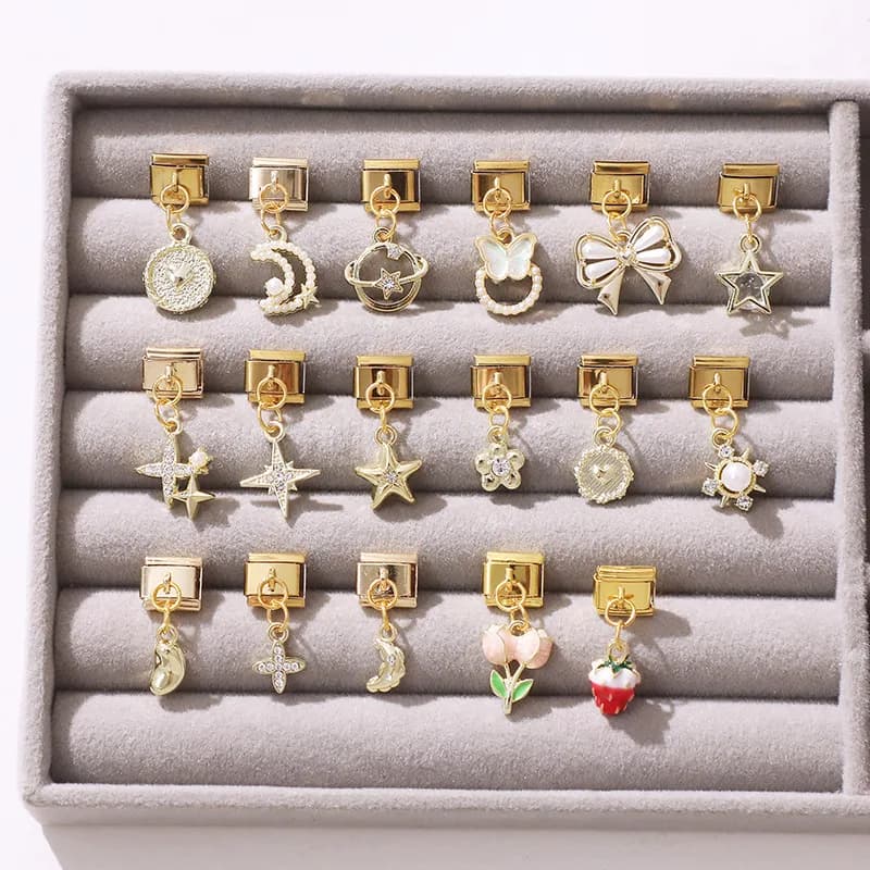 Cute Bow Knot Star Sun Moon Butterfly Tulip Gold Color Italian Charm Links Fit 9MM Bracelet Stainless Steel Women Men DIY Making