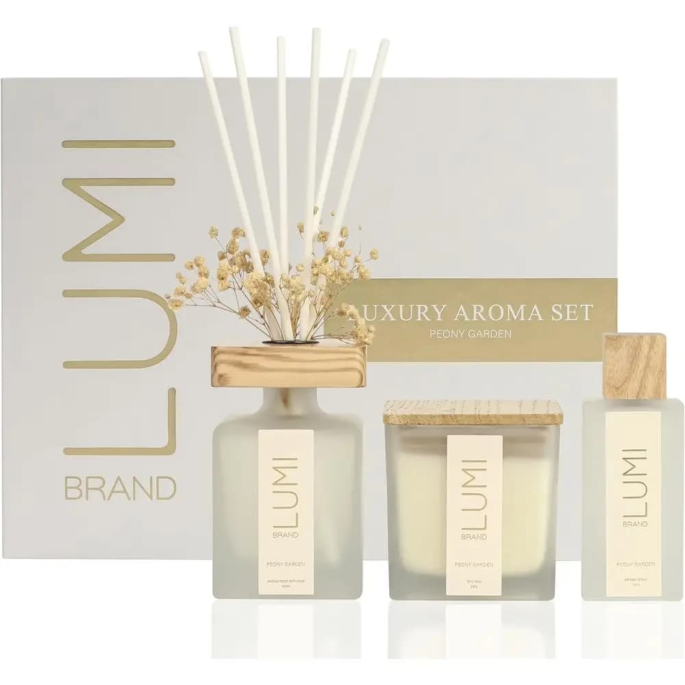 Elegante Set Fragranza Giardino di Peonie: Diffusore a Bastoncini, Candela di Soia, Spray per Ambienti con Fiori Secchi e Bastoncini