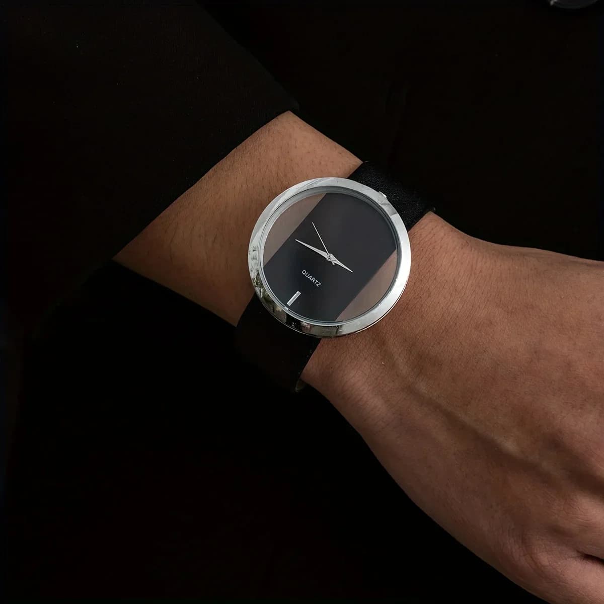 Minimalist and trendy black and white watch with fashionable hollow dial for both men women leather strap for simulating quartz