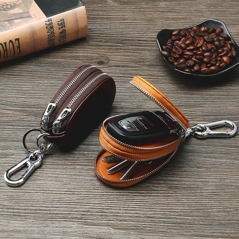 Retro oil wax leather car key bag, double-layer zipper, cowhide key, headphone, universal function key bag
