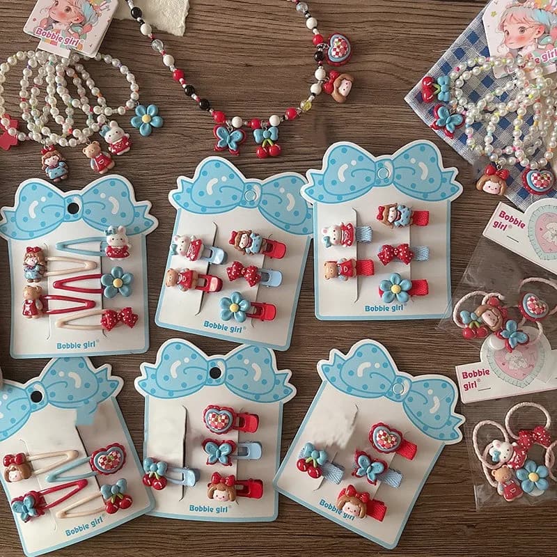 Set di fermagli per capelli per bambini carini Mollette con perline rosse Accessori in stile coreano Fermagli per frangia per cartoni animati Impugnatura antiscivolo per ragazze da indossare ogni giorno