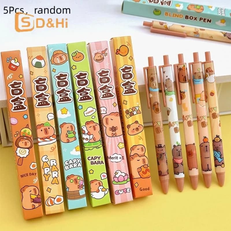 Set di 5 Penne Gel a Tema Capibara, Asciugatura Rapida, per Studenti e Bambini, Articoli di Cancelleria per la Scuola