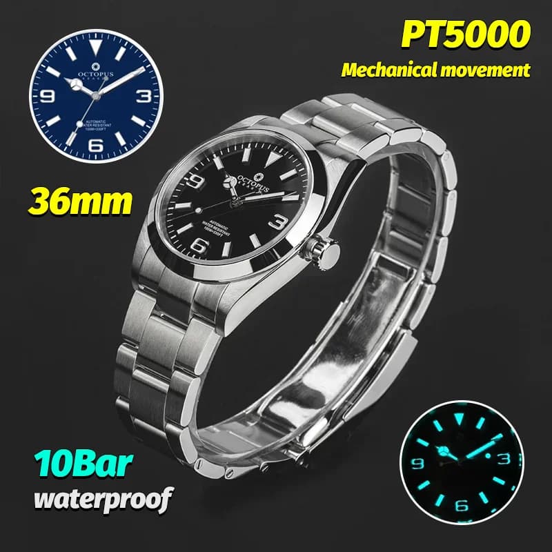Orologio da Polso Meccanico Automatico Octopus 36Mm, Modello OCT-0013 PT5000, Vetro Zaffiro, Luminoso BGW9, Impermeabile 10Bar, Orologio di Lusso