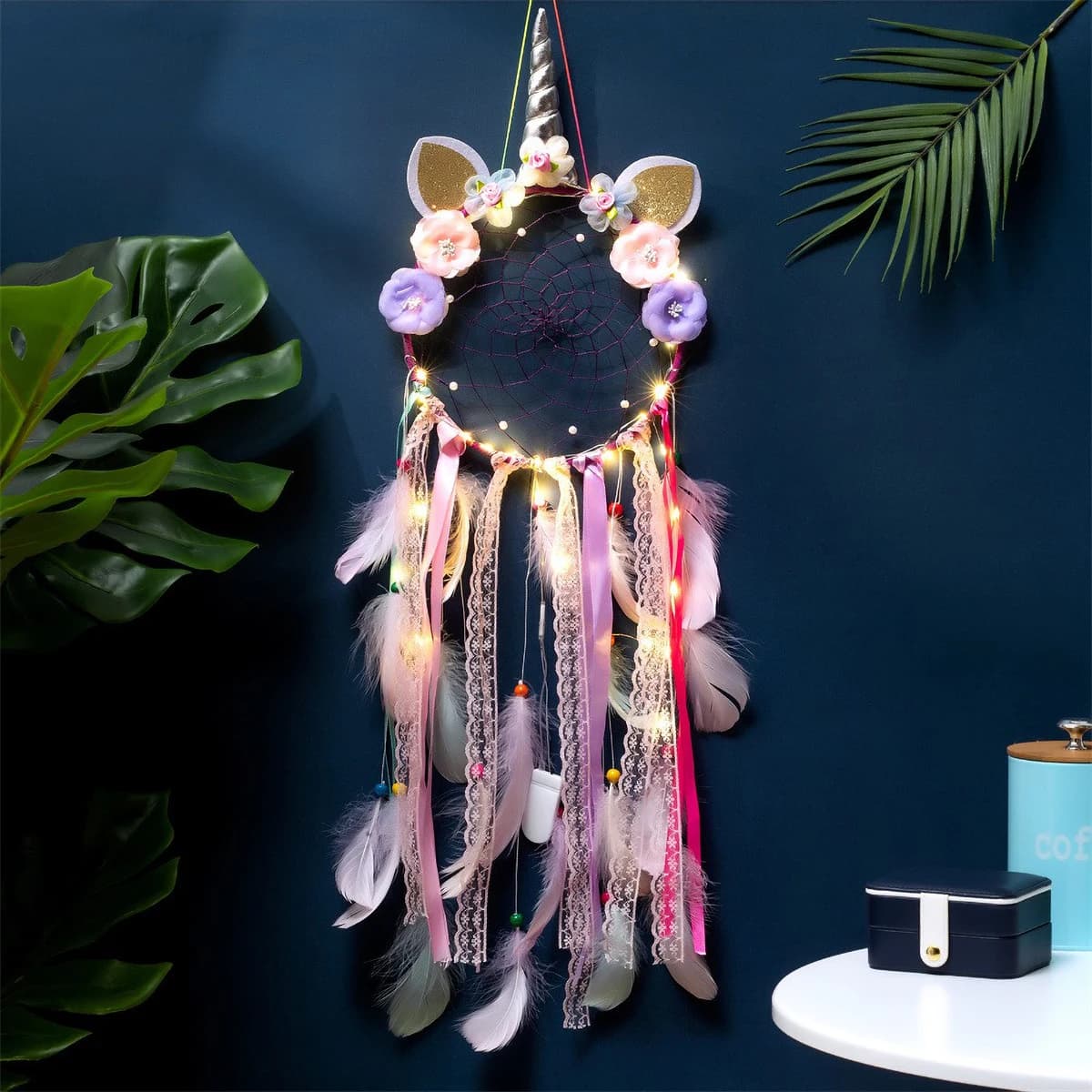 Handmade Unicorn Dreamcatcher - Boho Feather Lace Decor for Girls Bedroom, Wall Art Gift