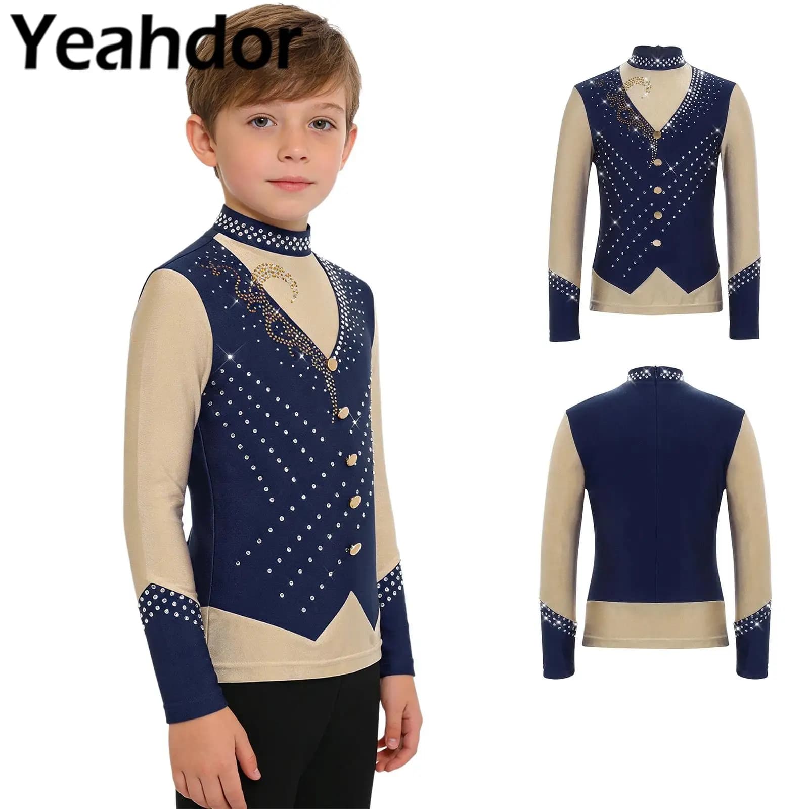 Maglia da Danza per Bambini e Ragazzi, per Pattinaggio Artistico e Ballo Latino, con Strass Scintillanti, Collo Alto, Maniche Lunghe e Colori a Contrasto
